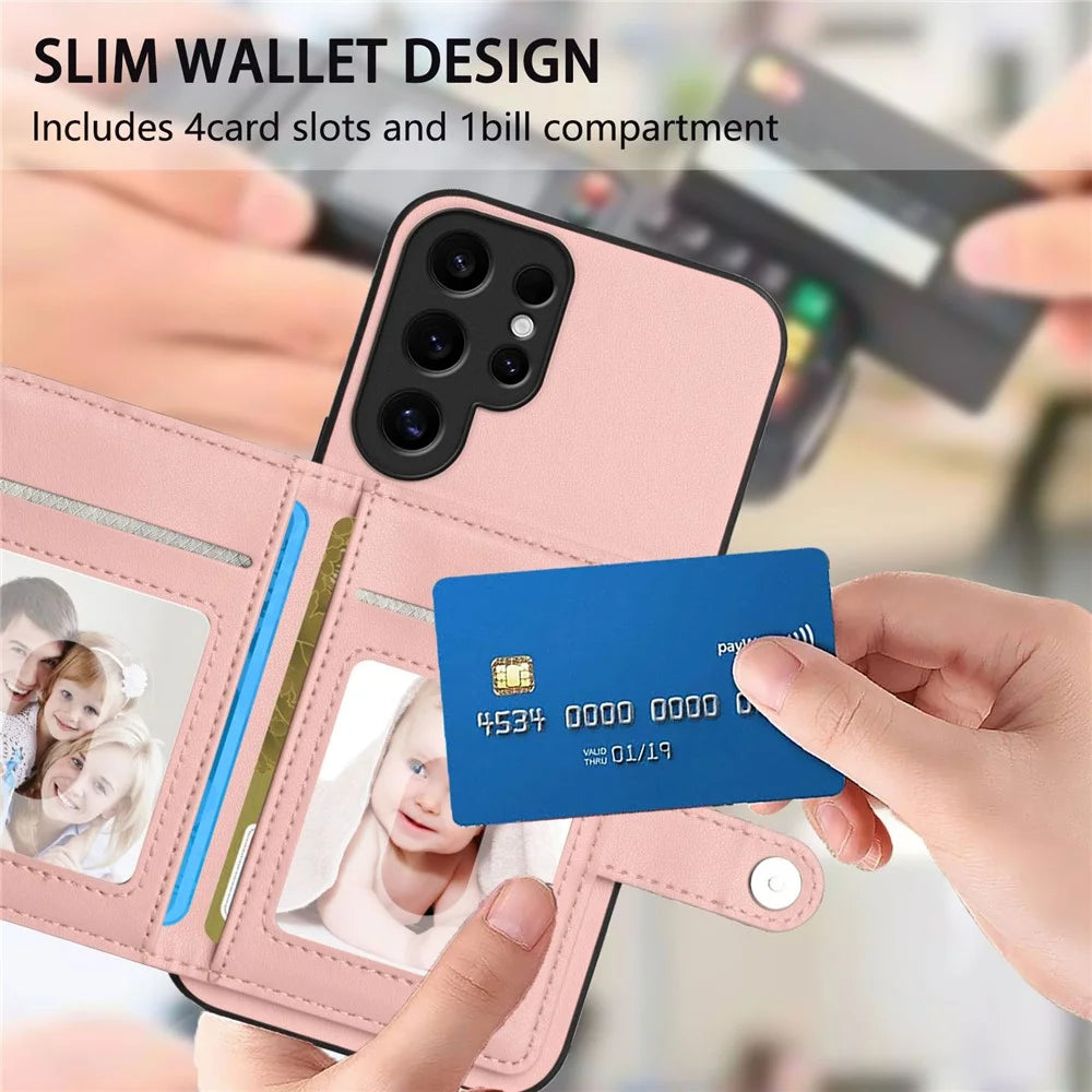 For Samsung Galaxy S24 Ultra Case RFID Blocking Card Holder Kickstand TPU + PU Leather Phone Back Cover - Rose Gold - 6