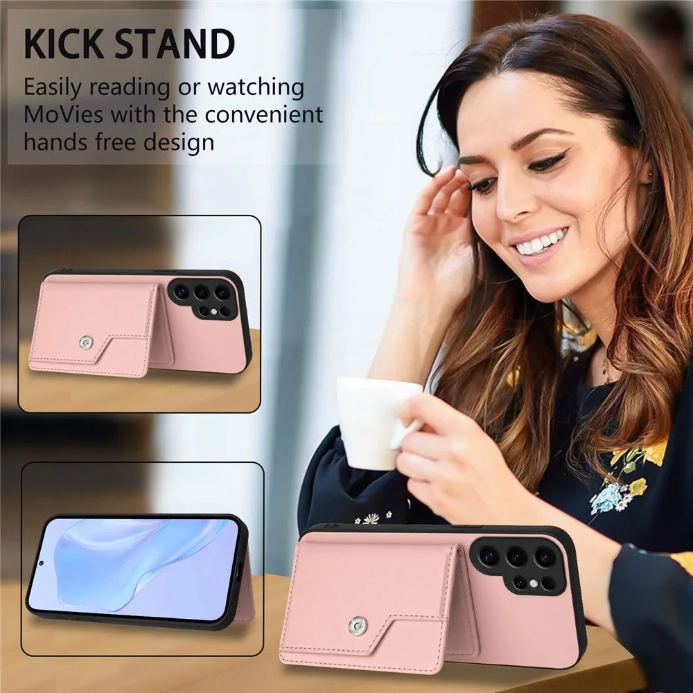 For Samsung Galaxy S24 Ultra Case RFID Blocking Card Holder Kickstand TPU + PU Leather Phone Back Cover - Rose Gold - 7
