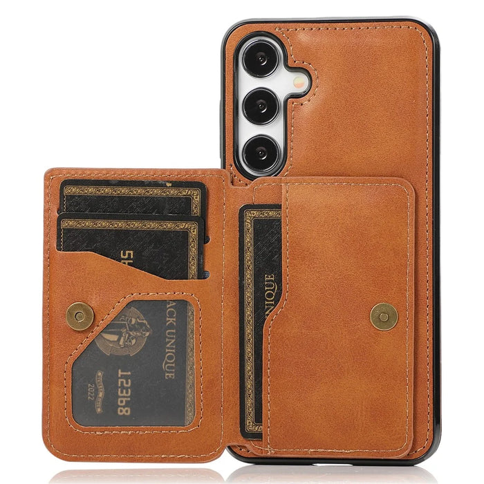 For Samsung Galaxy S24 FE Case Card Holder Kickstand PU Leather + TPU Phone Cover - Brown - 1