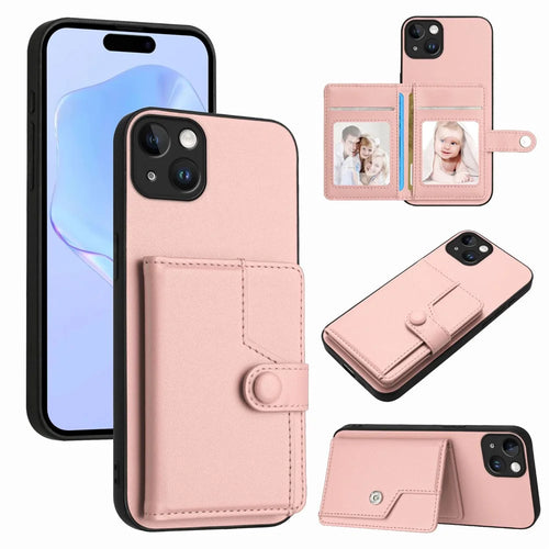 For iPhone 15 Plus Case RFID Blocking Card Holder Kickstand TPU + PU Leather Phone Back Cover - Rose Gold - 1