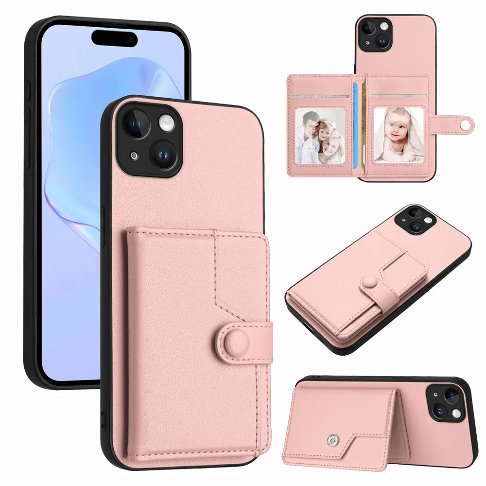 For iPhone 15 Plus Case RFID Blocking Card Holder Kickstand TPU + PU Leather Phone Back Cover - Rose Gold - 1