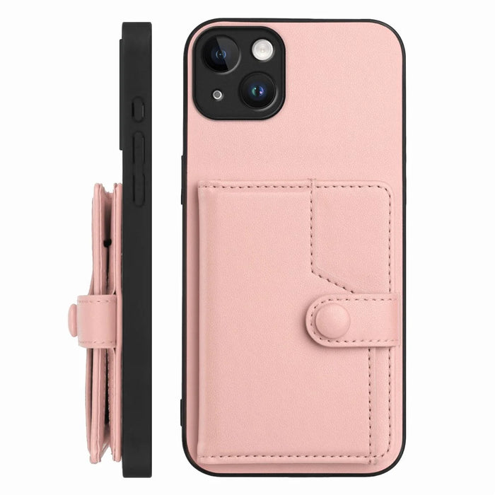 For iPhone 15 Plus Case RFID Blocking Card Holder Kickstand TPU + PU Leather Phone Back Cover - Rose Gold - 2