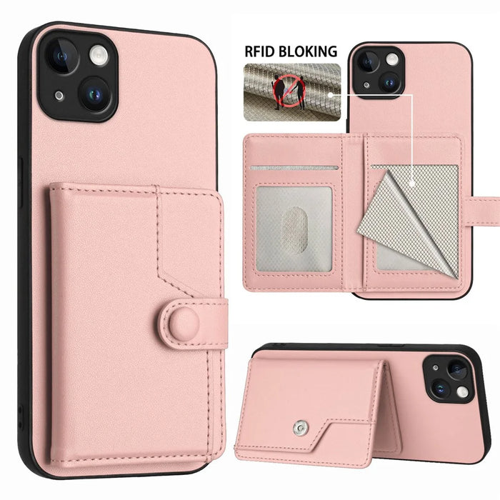For iPhone 15 Plus Case RFID Blocking Card Holder Kickstand TPU + PU Leather Phone Back Cover - Rose Gold - 3