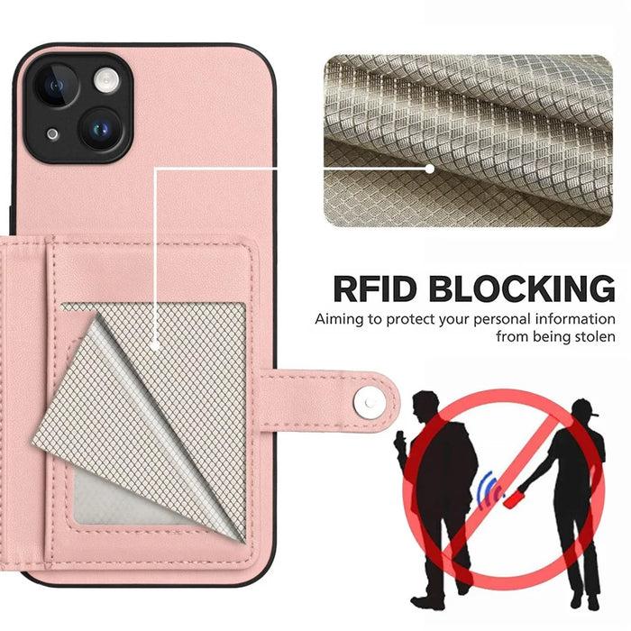 For iPhone 15 Plus Case RFID Blocking Card Holder Kickstand TPU + PU Leather Phone Back Cover - Rose Gold - 4