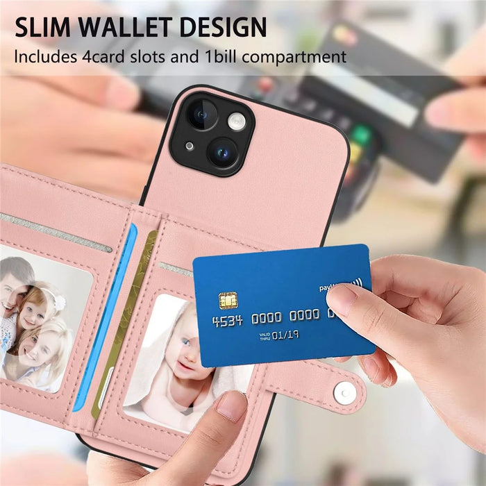 For iPhone 15 Plus Case RFID Blocking Card Holder Kickstand TPU + PU Leather Phone Back Cover - Rose Gold - 6