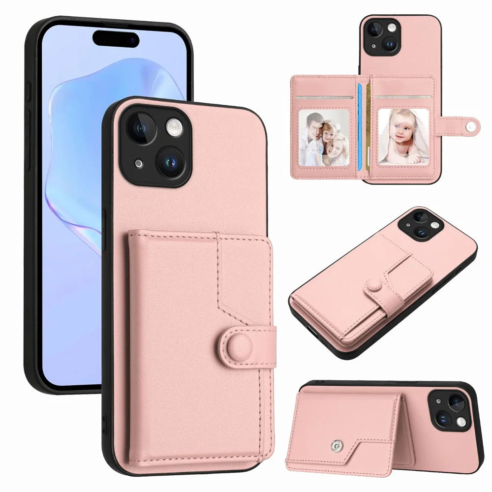 For iPhone 15 Case RFID Blocking Card Holder Kickstand TPU + PU Leather Phone Back Cover - Rose Gold - 1