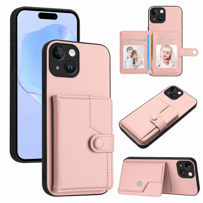 For iPhone 15 Case RFID Blocking Card Holder Kickstand TPU + PU Leather Phone Back Cover - Rose Gold - 1