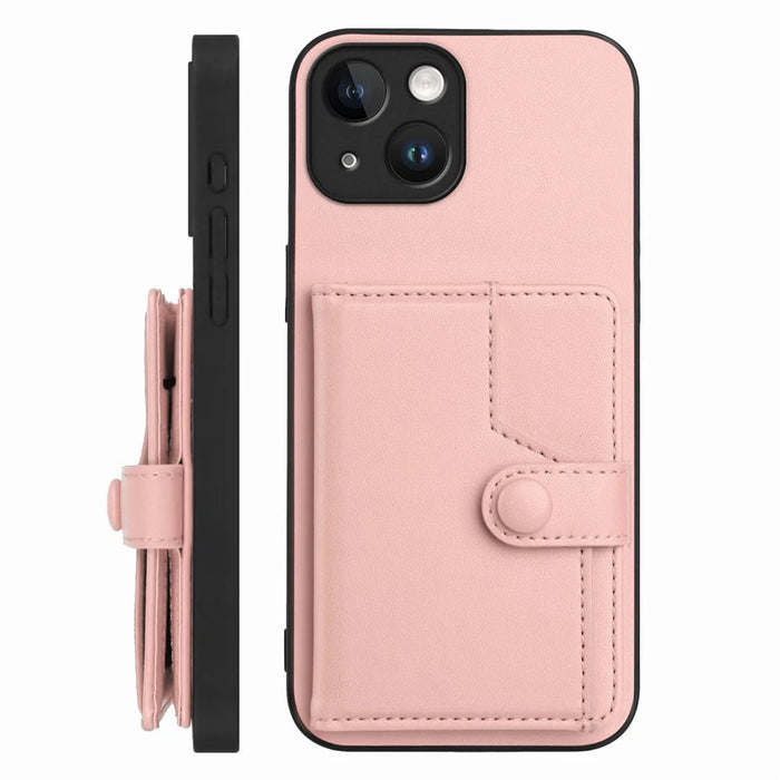For iPhone 15 Case RFID Blocking Card Holder Kickstand TPU + PU Leather Phone Back Cover - Rose Gold - 2