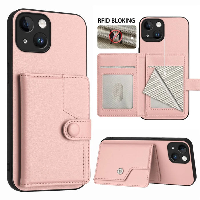 For iPhone 15 Case RFID Blocking Card Holder Kickstand TPU + PU Leather Phone Back Cover - Rose Gold - 3