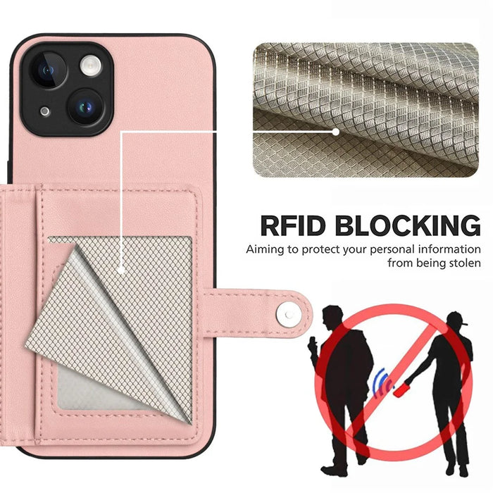 For iPhone 15 Case RFID Blocking Card Holder Kickstand TPU + PU Leather Phone Back Cover - Rose Gold - 4