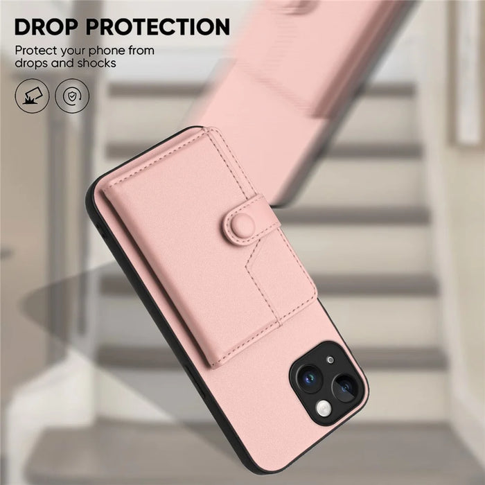 For iPhone 15 Case RFID Blocking Card Holder Kickstand TPU + PU Leather Phone Back Cover - Rose Gold - 5