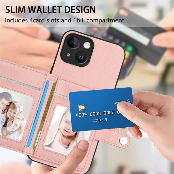 For iPhone 15 Case RFID Blocking Card Holder Kickstand TPU + PU Leather Phone Back Cover - Rose Gold - 6