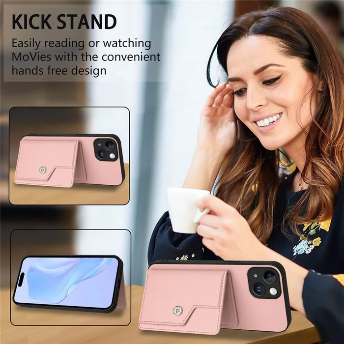 For iPhone 15 Case RFID Blocking Card Holder Kickstand TPU + PU Leather Phone Back Cover - Rose Gold - 7