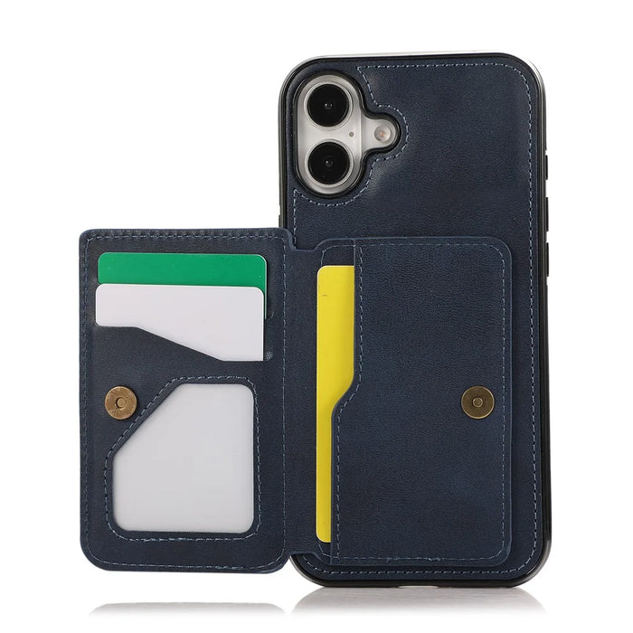 For iPhone 16 Case Card Holder Kickstand PU Leather + TPU Phone Cover - Blue - 1