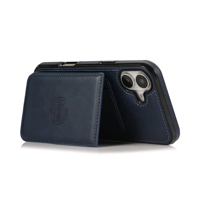 For iPhone 16 Case Card Holder Kickstand PU Leather + TPU Phone Cover - Blue - 2