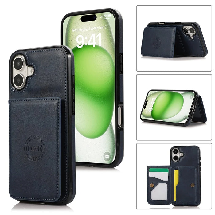 For iPhone 16 Case Card Holder Kickstand PU Leather + TPU Phone Cover - Blue - 7