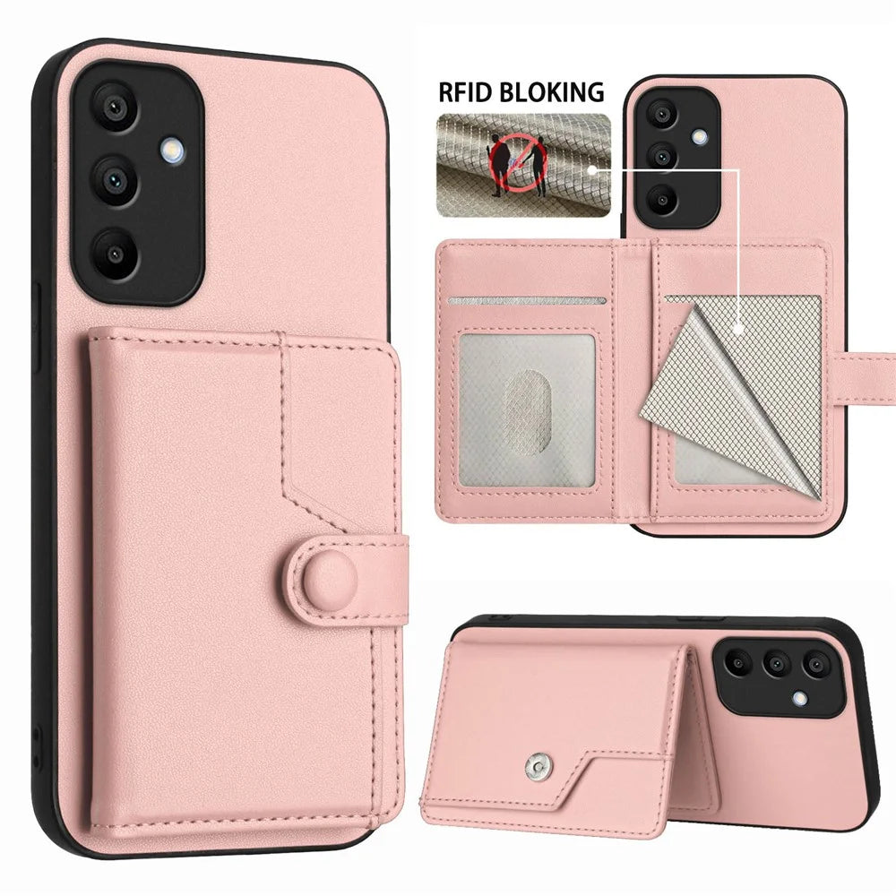 For Samsung Galaxy A15 4G Case RFID Blocking Card Holder Kickstand TPU + PU Leather Phone Back Cover - Rose Gold - 3