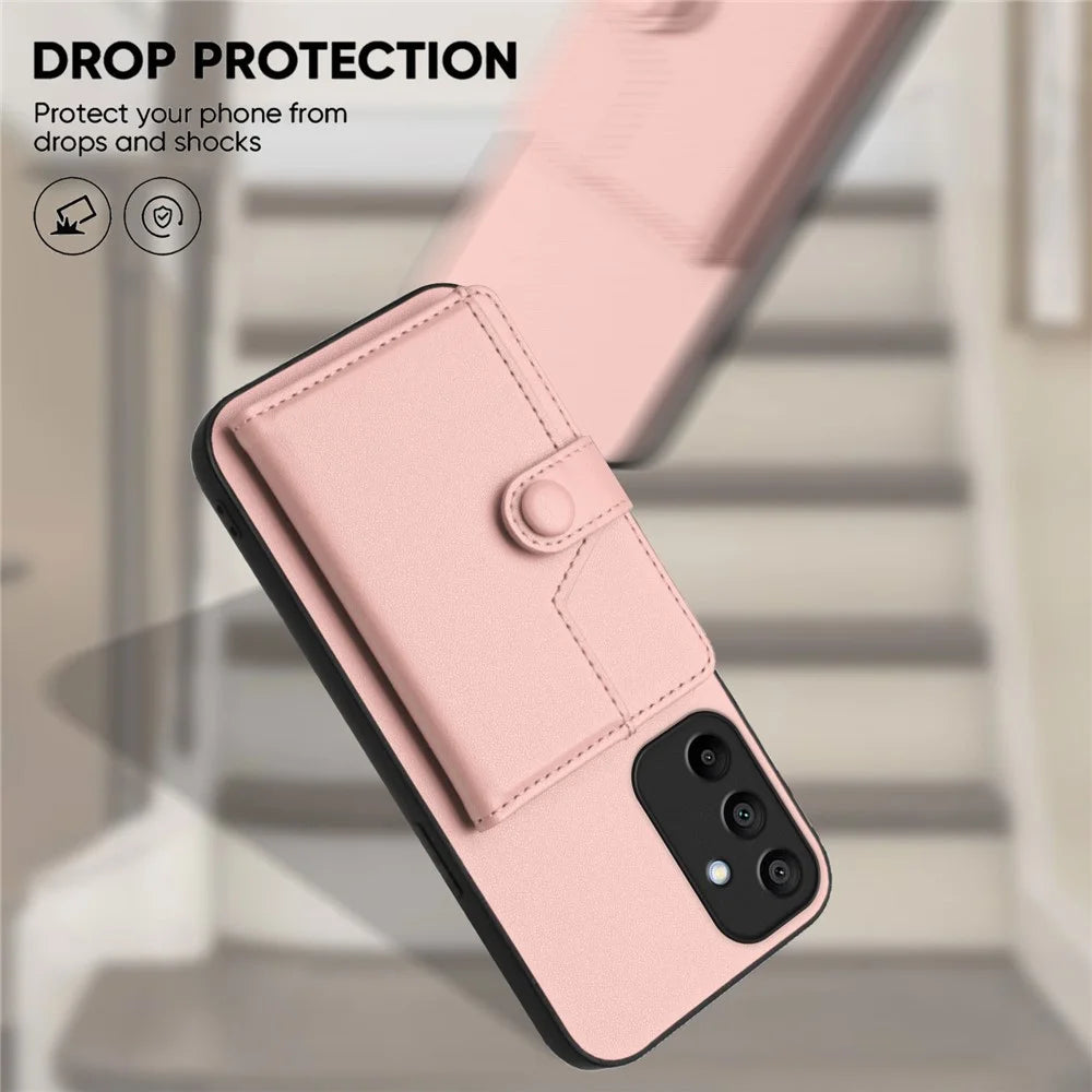 For Samsung Galaxy A15 4G Case RFID Blocking Card Holder Kickstand TPU + PU Leather Phone Back Cover - Rose Gold - 5