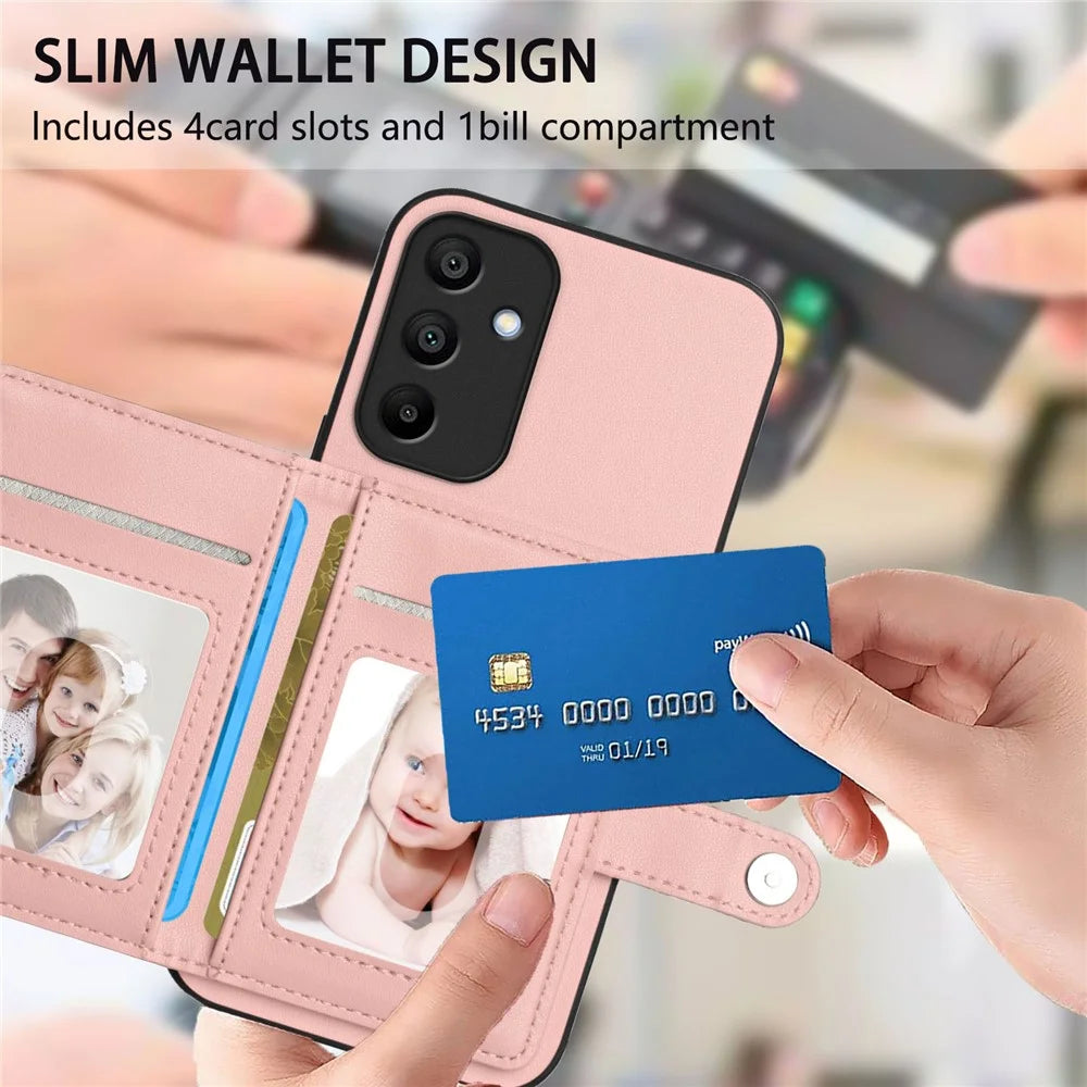 For Samsung Galaxy A15 4G Case RFID Blocking Card Holder Kickstand TPU + PU Leather Phone Back Cover - Rose Gold - 6