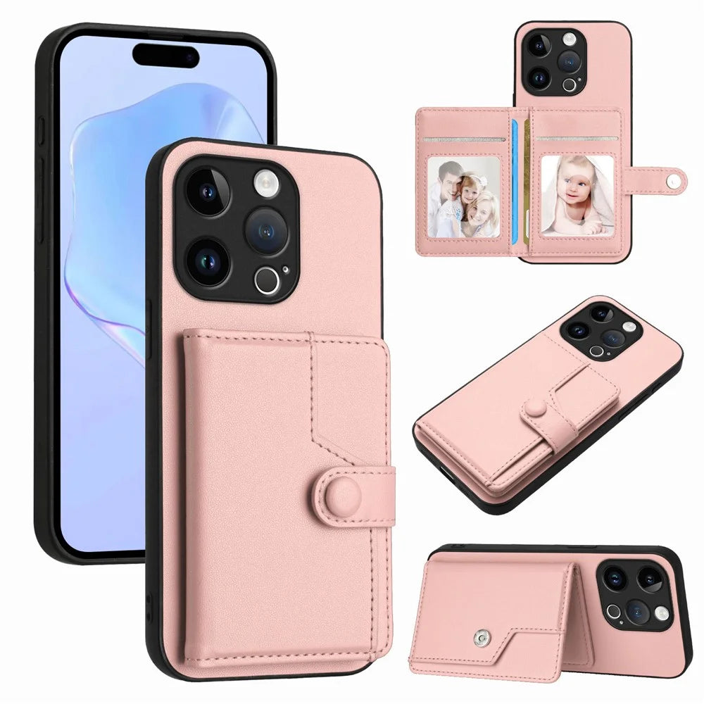 For iPhone 15 Pro Case RFID Blocking Card Holder Kickstand TPU + PU Leather Phone Back Cover - Rose Gold - 1