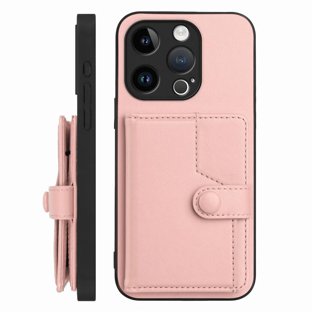 For iPhone 15 Pro Case RFID Blocking Card Holder Kickstand TPU + PU Leather Phone Back Cover - Rose Gold - 2