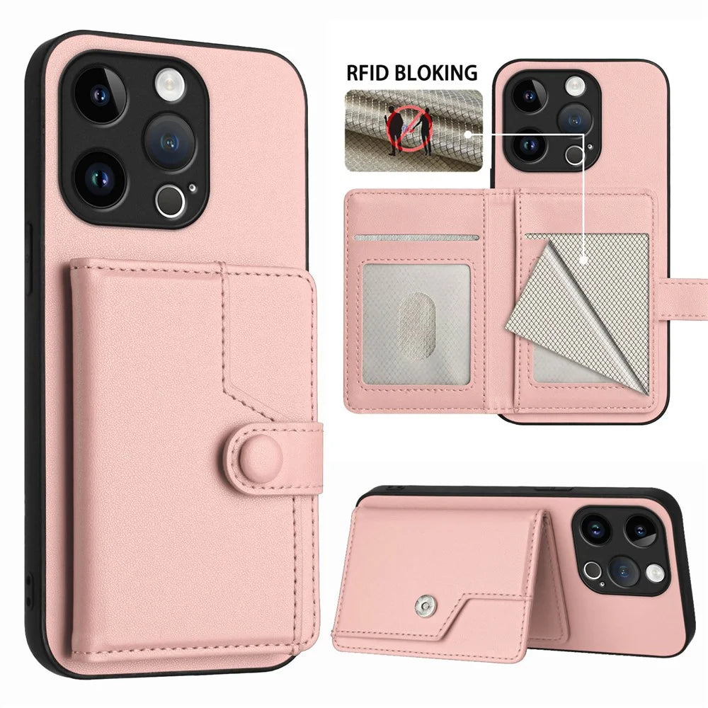 For iPhone 15 Pro Case RFID Blocking Card Holder Kickstand TPU + PU Leather Phone Back Cover - Rose Gold - 3