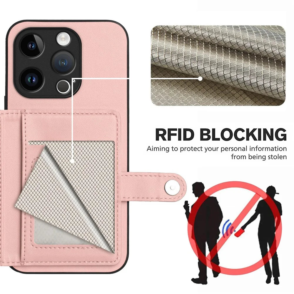 For iPhone 15 Pro Case RFID Blocking Card Holder Kickstand TPU + PU Leather Phone Back Cover - Rose Gold - 4
