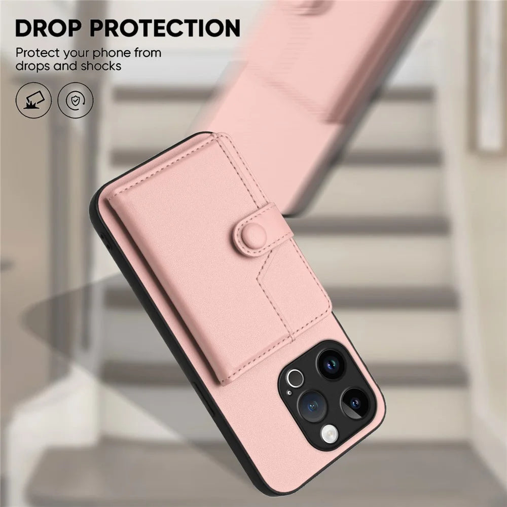 For iPhone 15 Pro Case RFID Blocking Card Holder Kickstand TPU + PU Leather Phone Back Cover - Rose Gold - 5