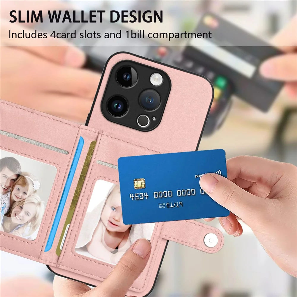 For iPhone 15 Pro Case RFID Blocking Card Holder Kickstand TPU + PU Leather Phone Back Cover - Rose Gold - 6