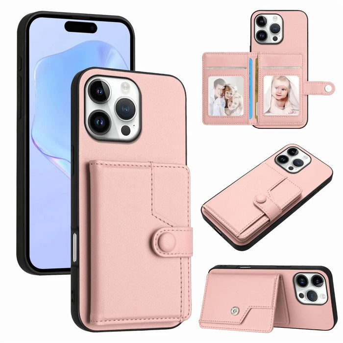 For iPhone 16 Pro Max Case RFID Blocking Card Holder Kickstand TPU + PU Leather Phone Back Cover - Rose Gold - 1