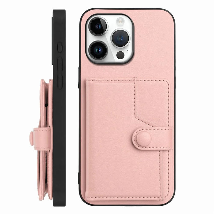 For iPhone 16 Pro Max Case RFID Blocking Card Holder Kickstand TPU + PU Leather Phone Back Cover - Rose Gold - 2