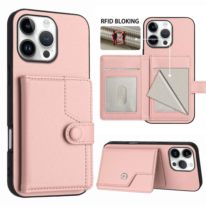 For iPhone 16 Pro Max Case RFID Blocking Card Holder Kickstand TPU + PU Leather Phone Back Cover - Rose Gold - 3