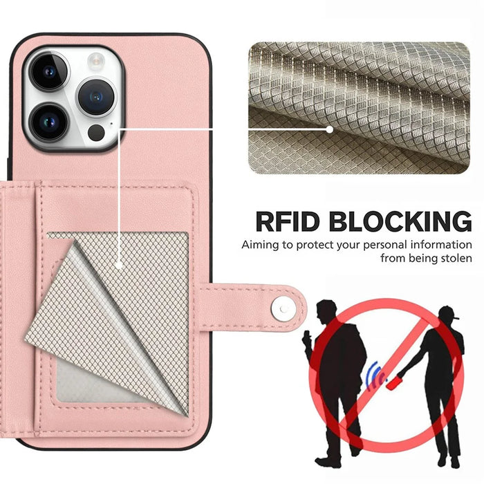 For iPhone 16 Pro Max Case RFID Blocking Card Holder Kickstand TPU + PU Leather Phone Back Cover - Rose Gold - 4