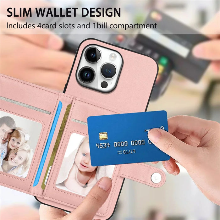 For iPhone 16 Pro Max Case RFID Blocking Card Holder Kickstand TPU + PU Leather Phone Back Cover - Rose Gold - 6