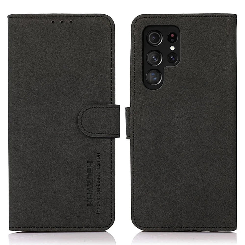 KHAZNEH For Samsung Galaxy S23 Ultra Textured PU Leather Phone Case Magnetic Clasp Foldable Stand Full Protection Phone Wallet Cover - Black - 1