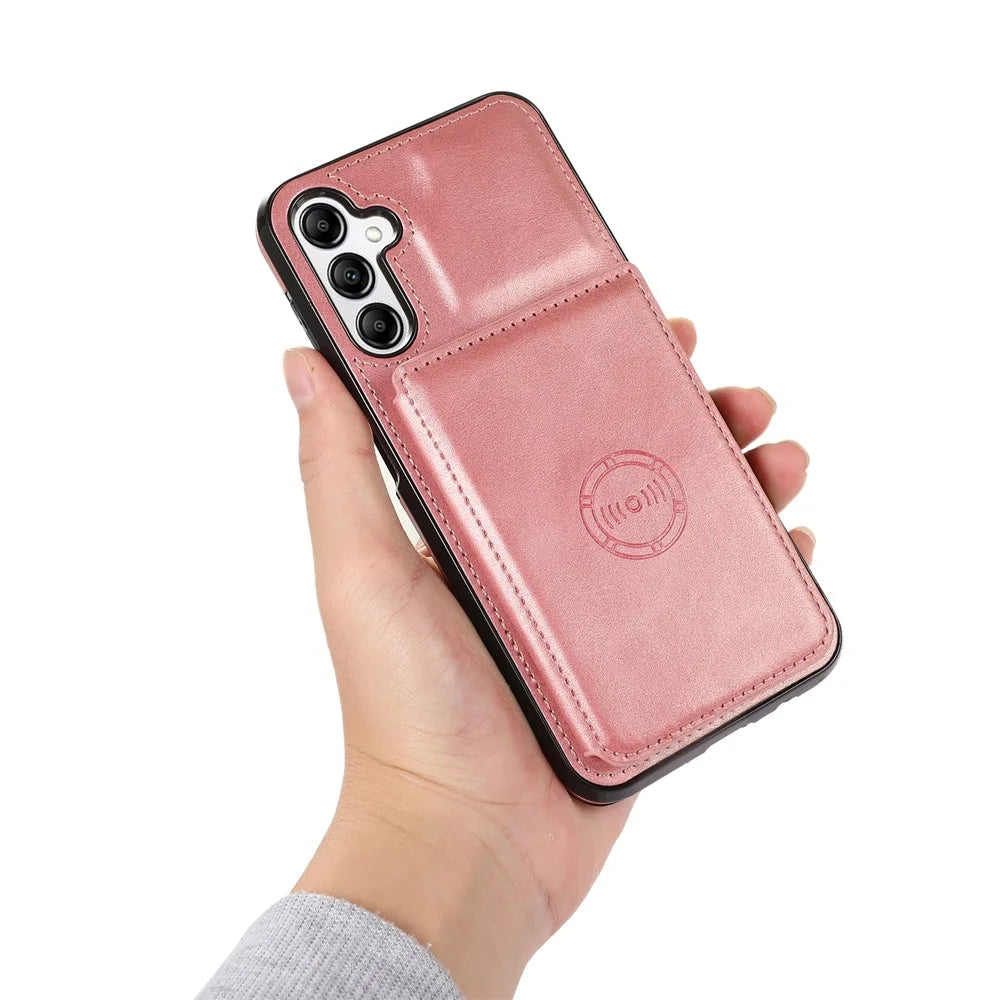 For Samsung Galaxy A25 5G (Global) (161.0mm) Case Card Holder Kickstand PU Leather + TPU Phone Cover - Rose Gold - 4