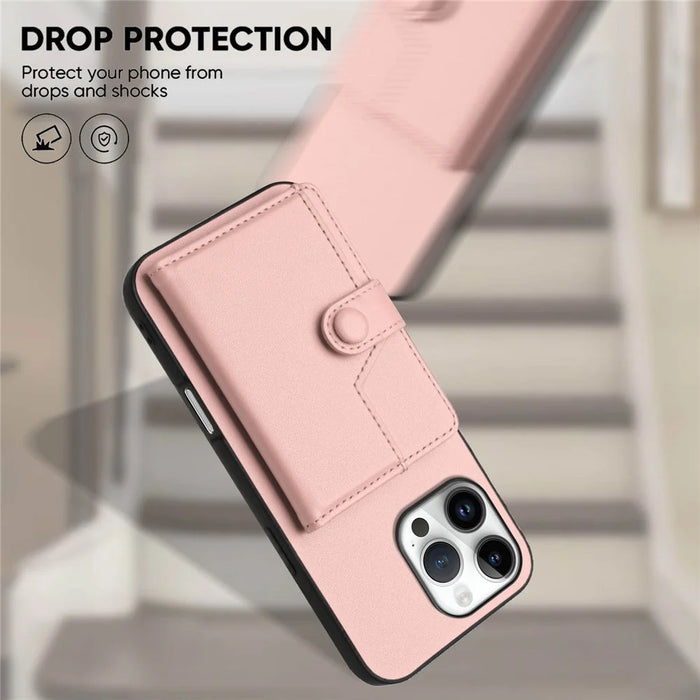 For iPhone 16 Pro Case RFID Blocking Card Holder Kickstand TPU + PU Leather Phone Back Cover - Rose Gold - 5