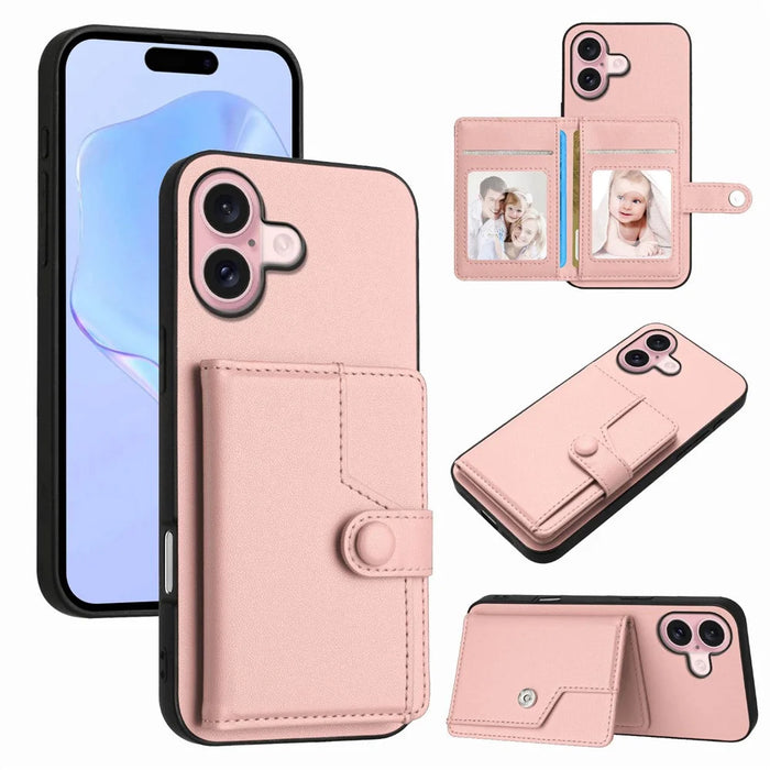 For iPhone 16 Plus Case RFID Blocking Card Holder Kickstand TPU + PU Leather Phone Back Cover - Rose Gold - 1