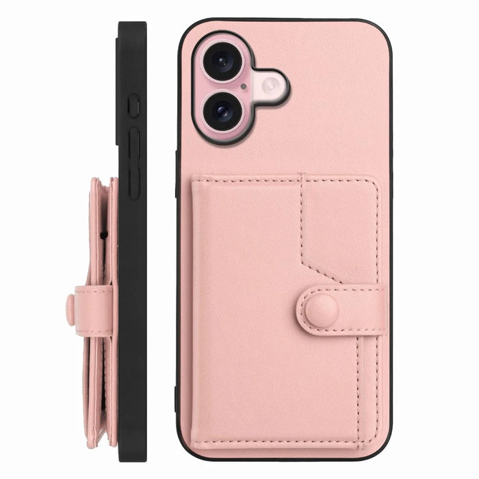 For iPhone 16 Plus Case RFID Blocking Card Holder Kickstand TPU + PU Leather Phone Back Cover - Rose Gold - 2