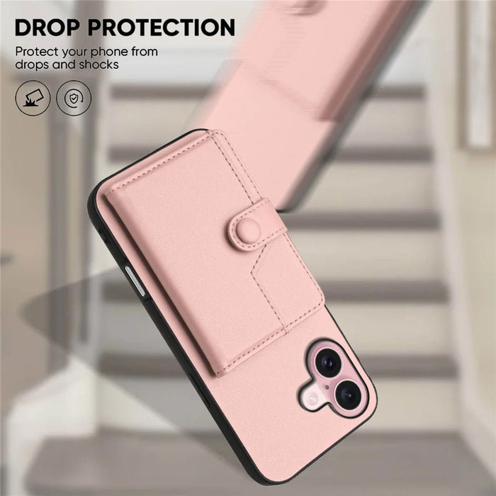 For iPhone 16 Plus Case RFID Blocking Card Holder Kickstand TPU + PU Leather Phone Back Cover - Rose Gold - 5
