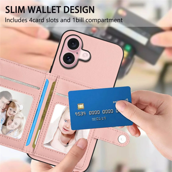 For iPhone 16 Plus Case RFID Blocking Card Holder Kickstand TPU + PU Leather Phone Back Cover - Rose Gold - 6