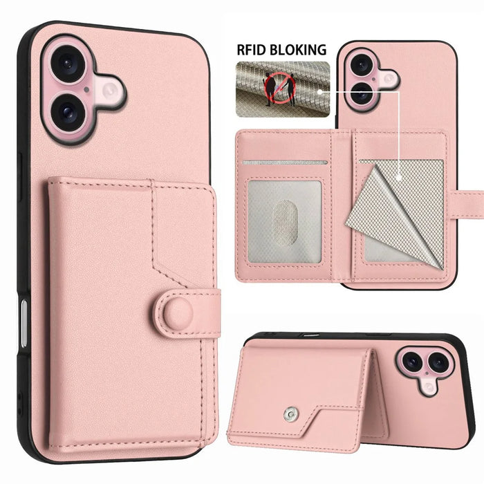 For iPhone 16 Case RFID Blocking Card Holder Kickstand TPU + PU Leather Phone Back Cover - Rose Gold - 3