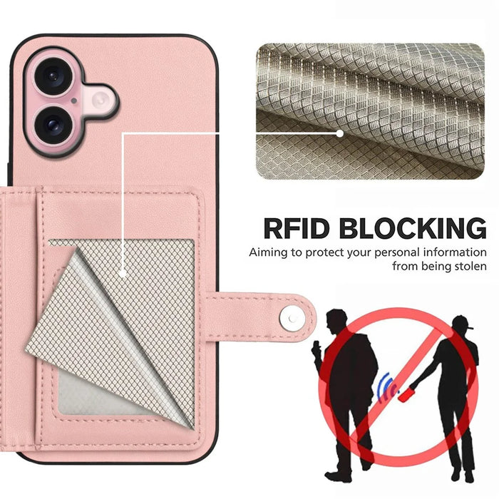 For iPhone 16 Case RFID Blocking Card Holder Kickstand TPU + PU Leather Phone Back Cover - Rose Gold - 4