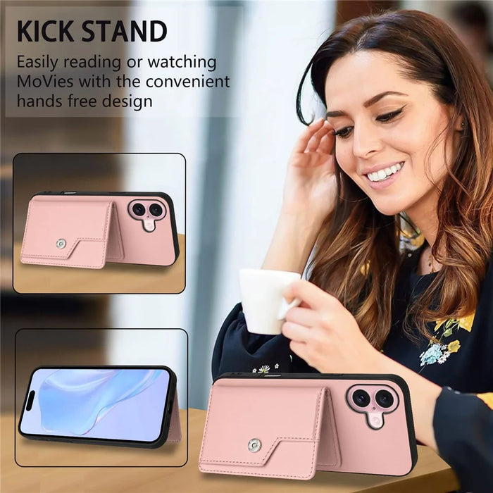 For iPhone 16 Case RFID Blocking Card Holder Kickstand TPU + PU Leather Phone Back Cover - Rose Gold - 7