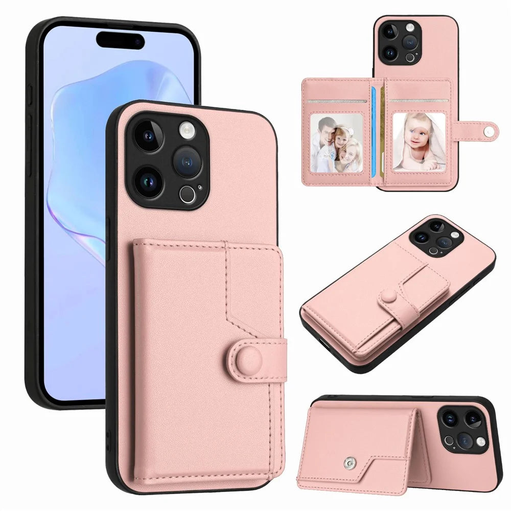 For iPhone 15 Pro Max Case RFID Blocking Card Holder Kickstand TPU + PU Leather Phone Back Cover - Rose Gold - 1