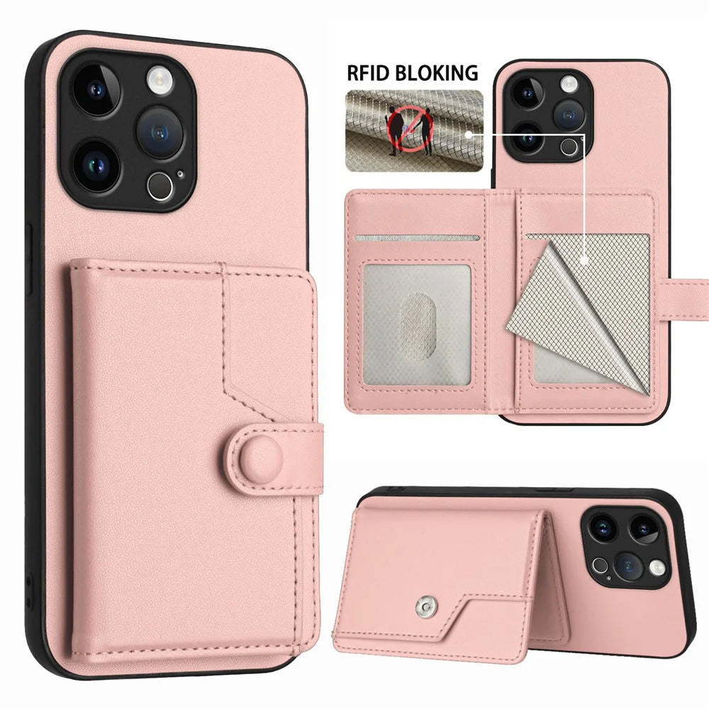For iPhone 15 Pro Max Case RFID Blocking Card Holder Kickstand TPU + PU Leather Phone Back Cover - Rose Gold - 3