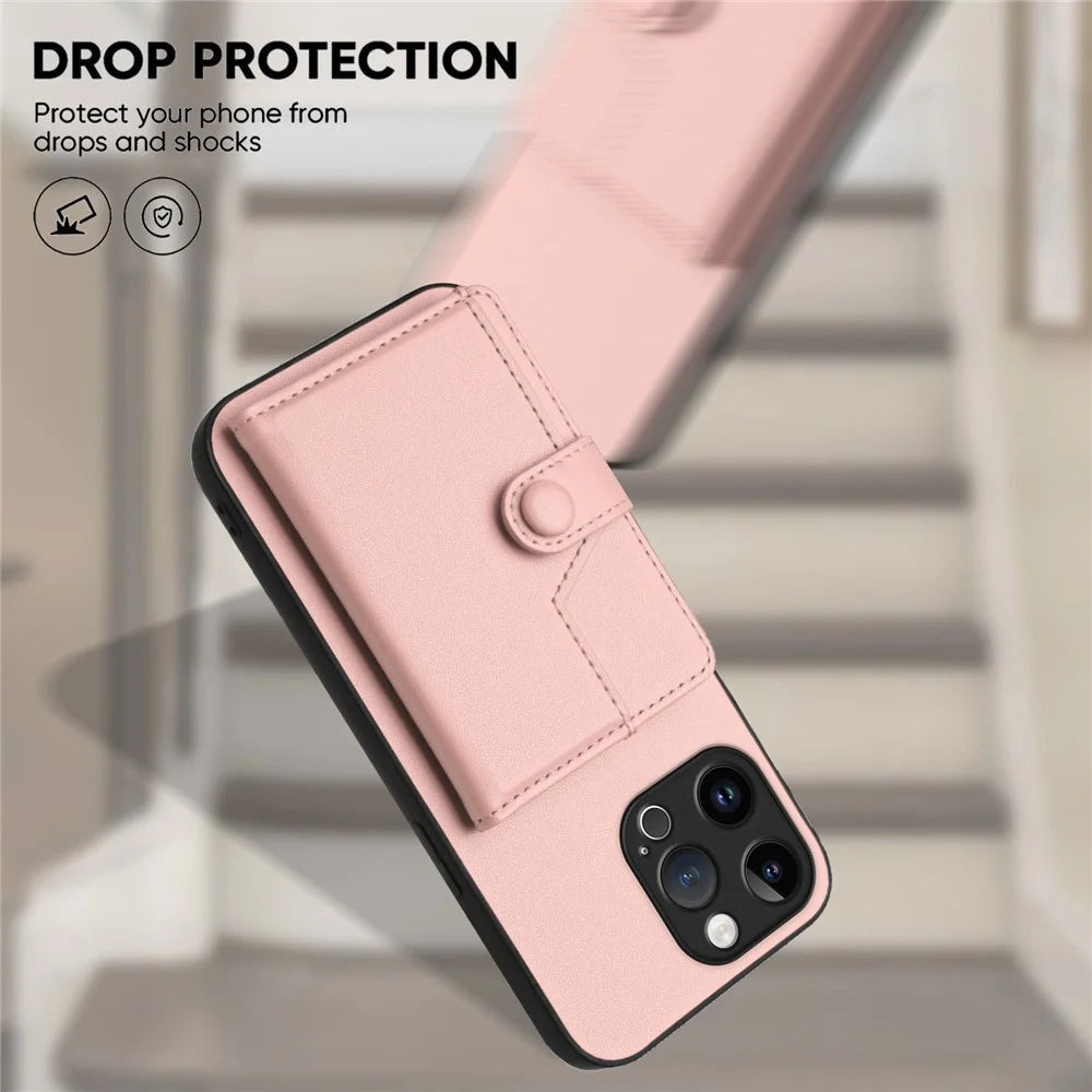 For iPhone 15 Pro Max Case RFID Blocking Card Holder Kickstand TPU + PU Leather Phone Back Cover - Rose Gold - 5