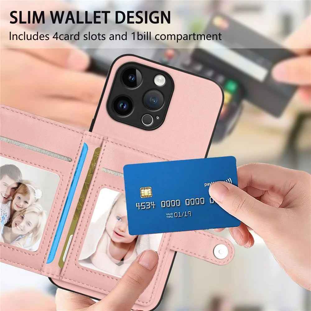 For iPhone 15 Pro Max Case RFID Blocking Card Holder Kickstand TPU + PU Leather Phone Back Cover - Rose Gold - 6
