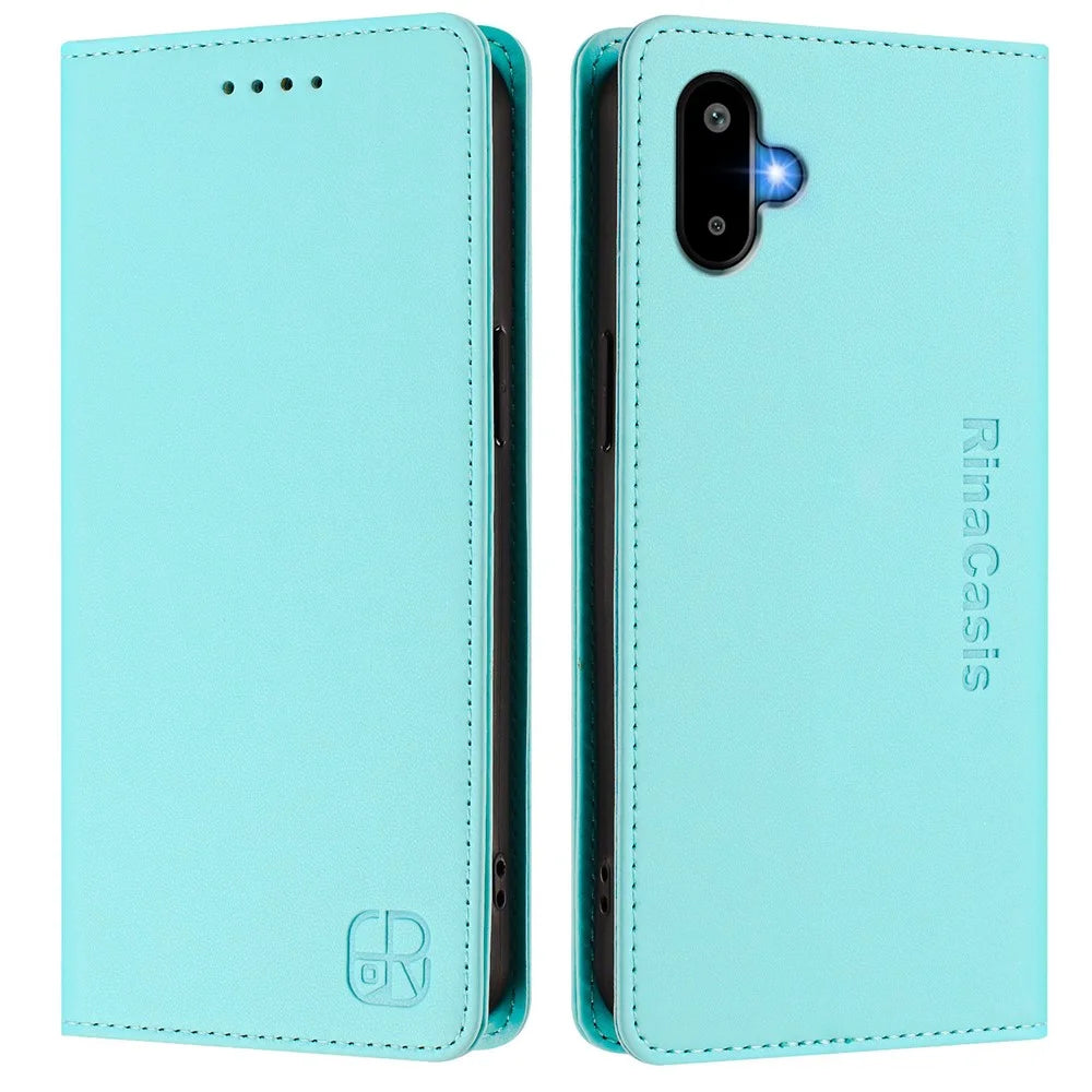 For Samsung Galaxy M06 5G / Galaxy F06 5G Leather Case RINACASIS RC01 Phone Cover with RFID Blocking Wallet Stand - Mint Green - 1