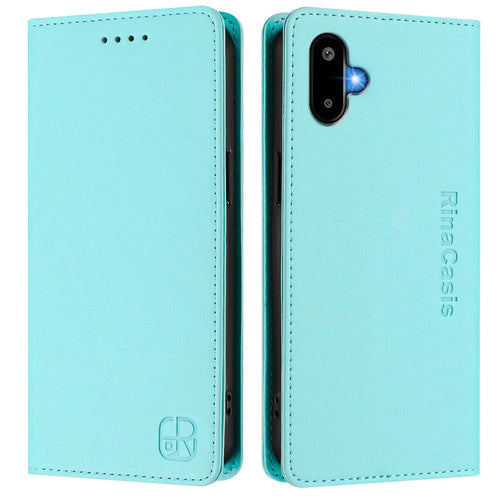 For Samsung Galaxy M06 5G / Galaxy F06 5G Leather Case RINACASIS RC01 Phone Cover with RFID Blocking Wallet Stand - Mint Green - 1
